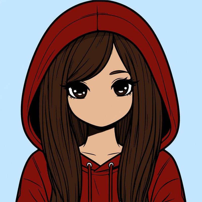 cartoon realistic girl with strait hair and a hoody
