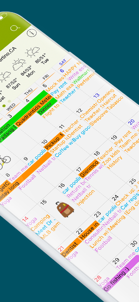 Vue mensuelle colorée de l'application Awesome Calendar montrant la météo et les autocollants intégrés