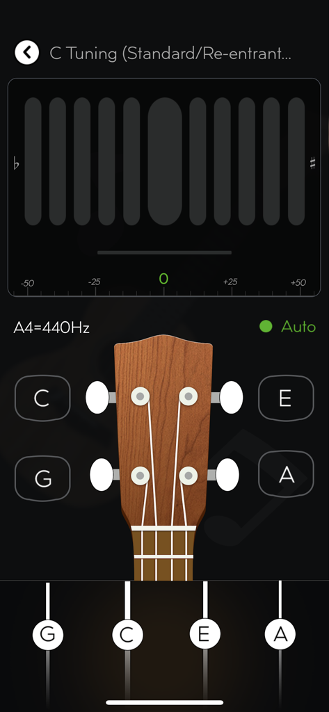 Tunefor Ukulele tuner interface showing standard C tuning mode and frequency meter