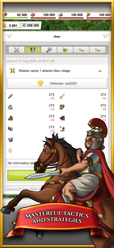 Travian Kingdoms - トラビアン・キングダムの戦闘インターフェース。ローマの騎兵兵士が表示されています。