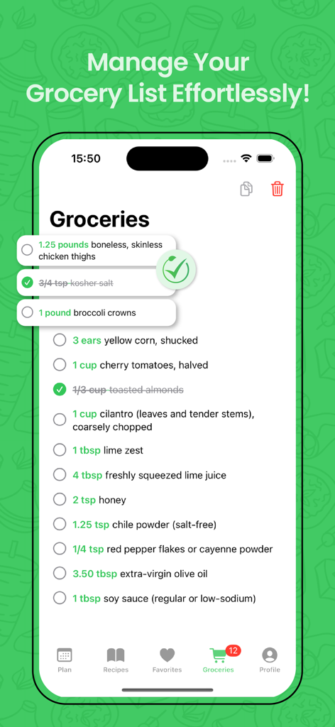 Recipe Hub app grocery list interface showing a digital checklist of food ingredients with quantities and checkboxes