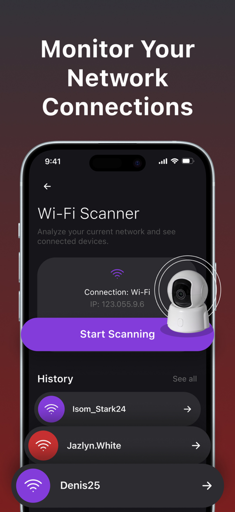 IR Pro Scan: Camera Detector - Interface de smartphone montrant la fonction de scanner Wi-Fi de l'application IR Pro Scan pour surveiller les connexions réseau et détecter les caméras cachées.