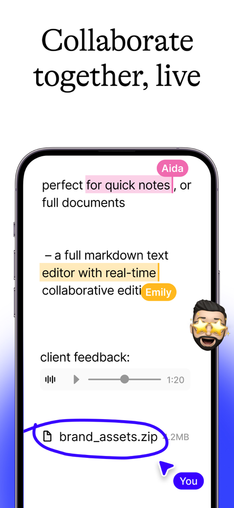 Fabric: AI Notes, Files, Ideas - Smartphone screen showing real time collaborative document editing in the Fabric app with notes and file attachments