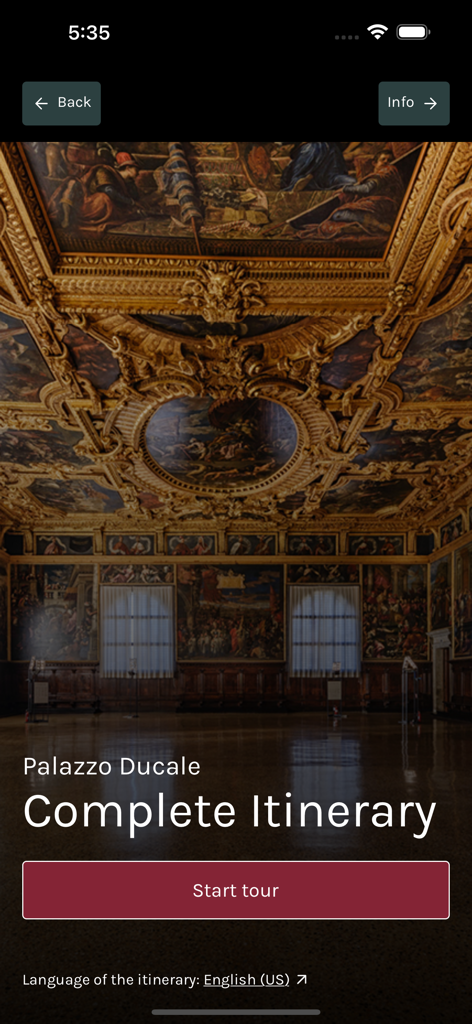 MuVe - Pantalla de la app MuVe que muestra el itinerario completo para el tour del Palacio Ducal en Venecia