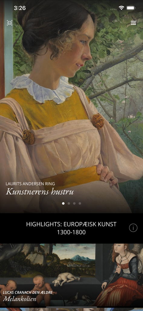 SMK Second Canvas app interface showcasing European art highlights and the painting Kunstnerens hustru by Laurits Andersen Ring