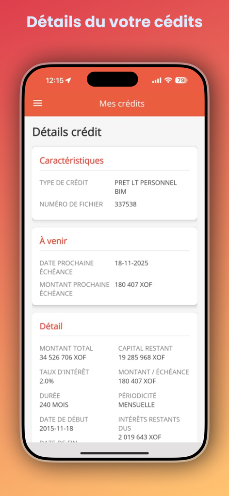 Pantalla de detalles del préstamo en la aplicación BIM Mobile Banking que muestra el calendario de pagos y el saldo restante.
