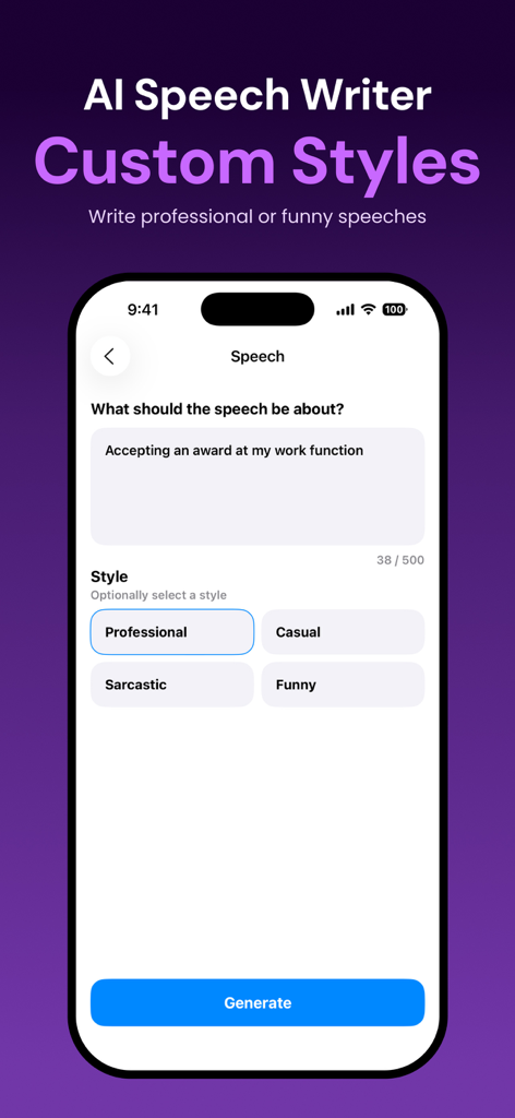 AIスピーチライターのインターフェイスを示すスマートフォンの画面。スピーチのドラフトのカスタムスタイル（プロフェッショナルまたはカジュアルなど）を選択するオプションが表示されています。