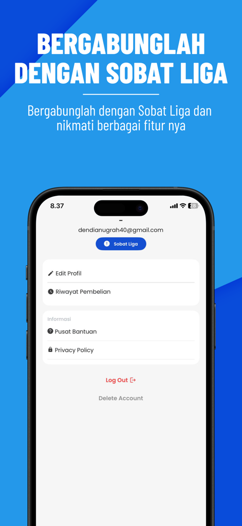 Sobat Liga - User profile screen of the Sobat Liga app showing account settings