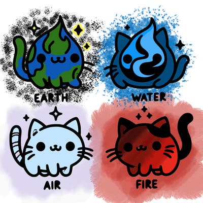 4 cats that represent the different elements, earth, water, air, and fire