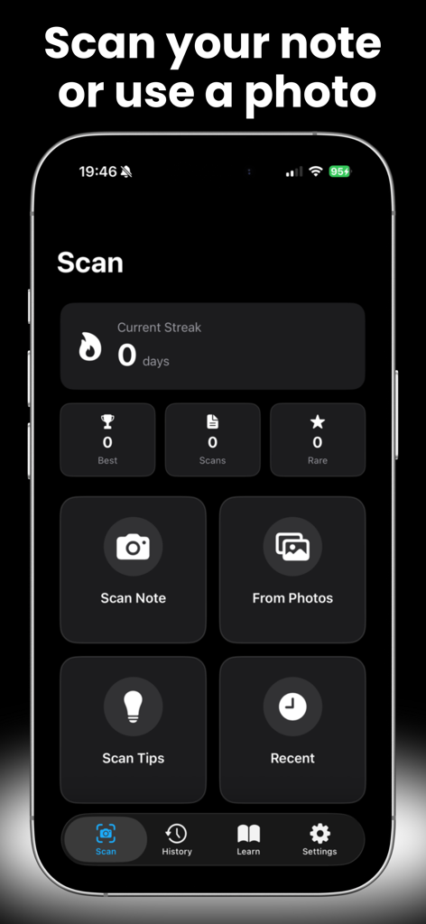 Panel de escaneo principal de la aplicación Identificador de Billetes mostrando opciones para escanear billetes y rastrear estadísticas de la colección