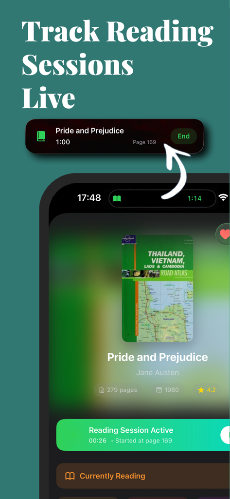AI Story: Read & Book Tracker - Interface of the AI Story app showing a live reading session tracking feature with a timer and page progress for the book Pride and Prejudice.