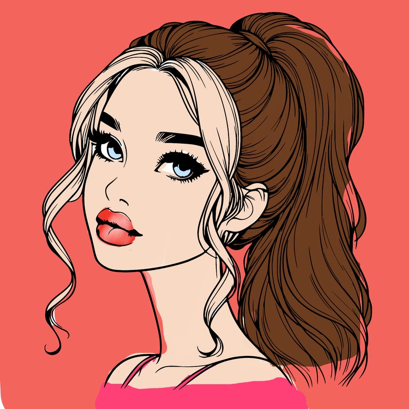 realistic girl with a ponytail on her hair and lips