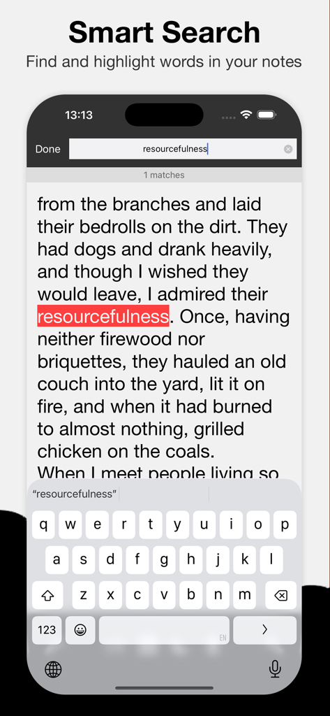 Simple Notes: Ultimate Edition - Interfaz de Búsqueda Inteligente en la aplicación Simple Notes resaltando una palabra específica dentro de una nota de texto