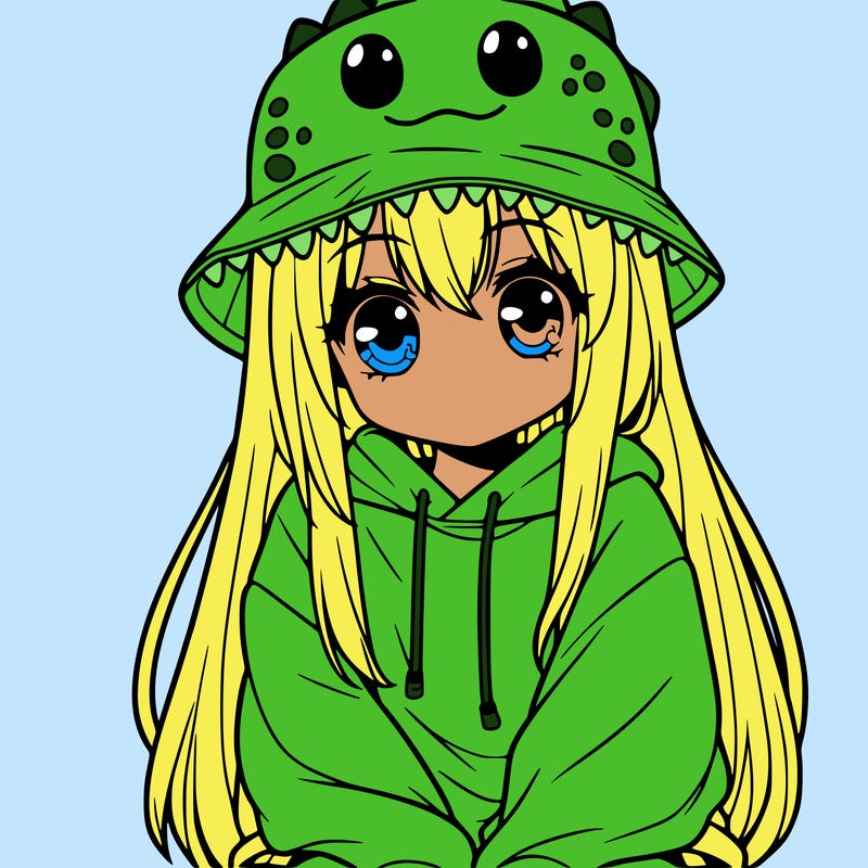 girl with anime shaped eyes with a dinosaur bucket hat oversized sweatshirt long straight hair