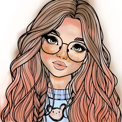 girl with long hair and freckles and glasses realistic