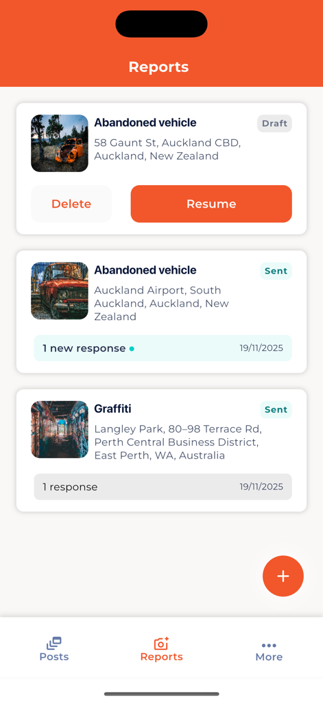 App-Bildschirm von Antenno, der den Status gemeldeter lokaler Probleme wie Graffiti und verlassene Fahrzeuge anzeigt