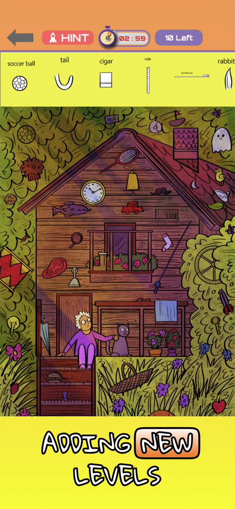 Hidden Objects! Find them all - Gameplay screen of Hidden Objects game featuring a hand drawn wooden house puzzle and a list of items to find