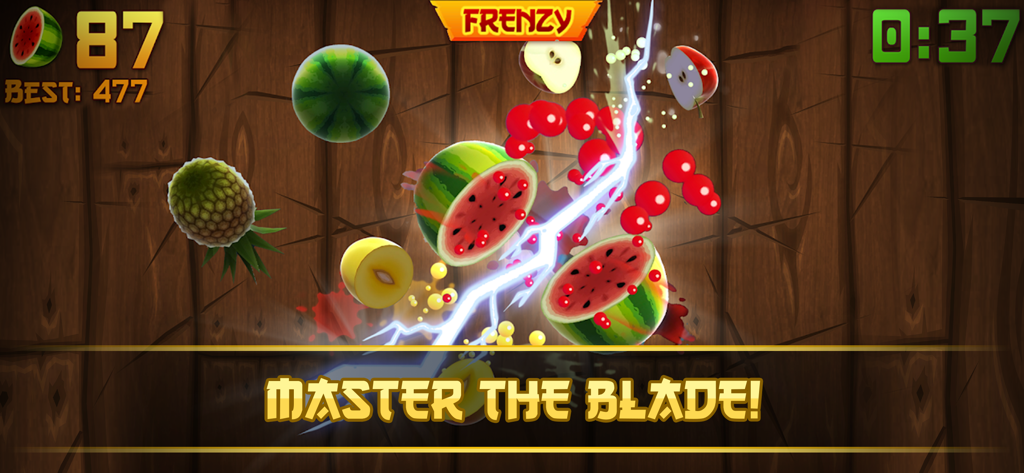 Fruit Ninja gameplay showing a lightning blade slicing through watermelons and apples