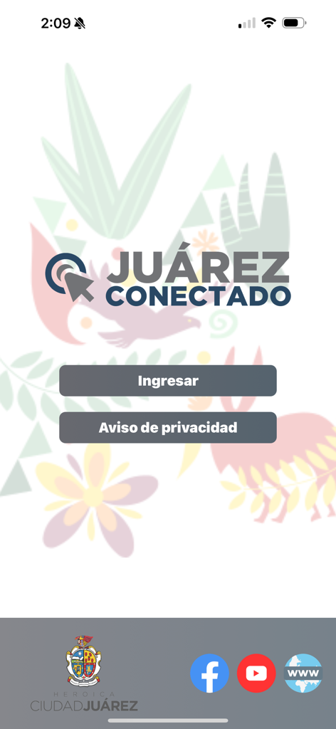 Juárez Conectado - Welcome screen of the Juarez Conectado mobile app featuring login and privacy notice buttons