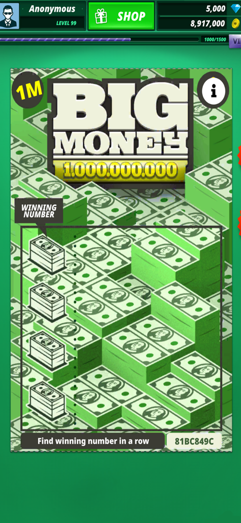 Lottery Scratch Off & Games - A virtual big money theme scratch off ticket with stacks of cash in a mobile game