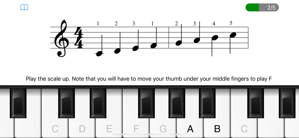 PianoMate - Piano Sheet Music - PianoMate app interface showing a music staff with fingering numbers for a scale above a virtual piano keyboard
