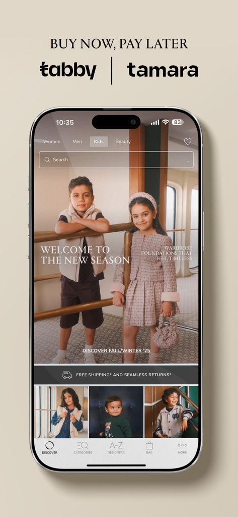 Ounass Luxus-Shopping-App-Oberfläche zeigt Designer-Kindermode und Optionen zum Kaufen jetzt, später bezahlen
