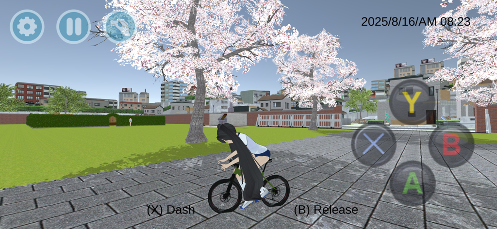 Anime girl riding a bike on a school path with cherry blossom trees