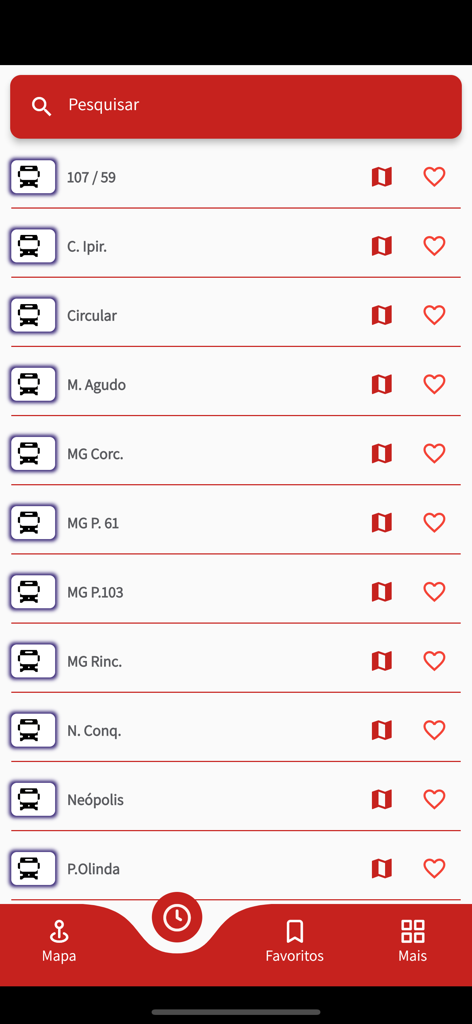 Interface do aplicativo SOGIL Linhas exibindo uma lista pesquisável de rotas de ônibus com ícones de mapa e favoritos.