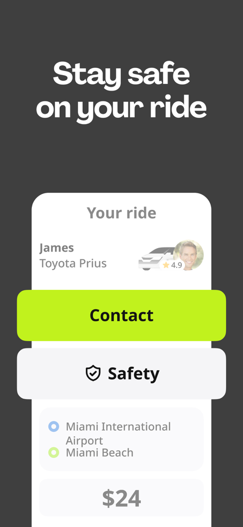 인드라이브 앱의 인터페이스는 마이애미에서의 탑승에 대한 운전자 정보를 보여주며 안전 및 연락 기능에 중점을 둡니다.