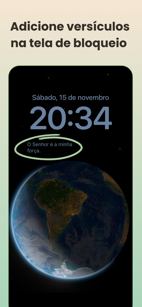 Biblia Diária - Tela de bloqueio do iPhone mostrando um widget de versículo bíblico diário em português do aplicativo Bíblia Diária.