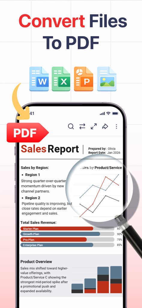 PDF AIアプリを使用してWord、Excel、PowerPointファイルから変換された販売レポートPDFを表示するスマートフォンの画面。
