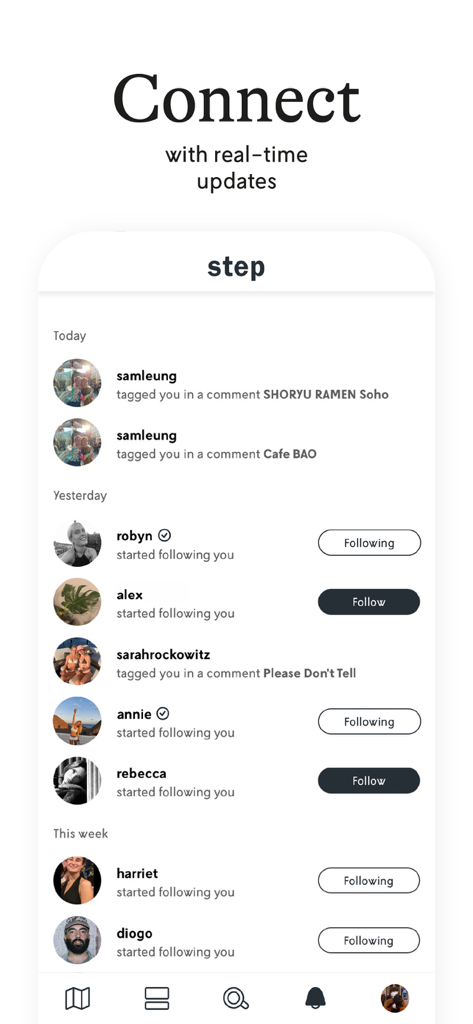 Step: Your World - Stepアプリの通知画面のスクリーンショット。コメントへのタグ付けや新規フォロワーの更新など、リアルタイムのアクティビティが表示されている。