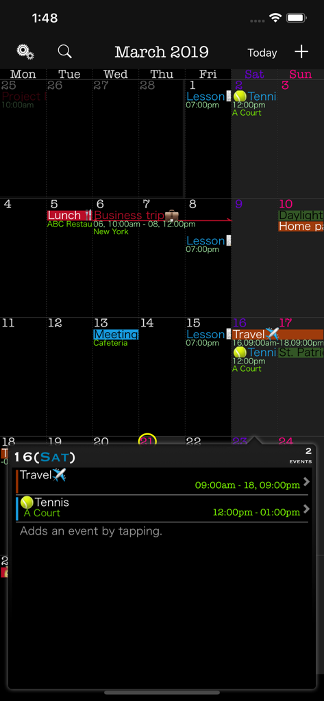 MonCal - MonCal app showing a monthly calendar grid in dark mode with color labeled events and a detailed daily schedule popup