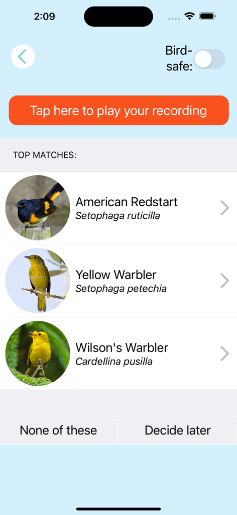 ChirpOMatic - BirdSong USA - A screenshot of the ChirpOMatic app interface showing top matches for bird identification with photos of an American Redstart and Yellow Warbler