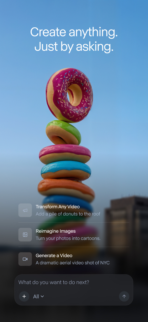 RunwayML - RunwayML mobile app interface showing chat mode for generative AI video and image creation with a stack of colorful donuts