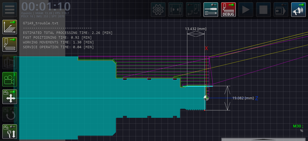 CNC Lathe Simulator - CNC Lathe Simulator interface showing toolpath visualization and estimated processing time calculation