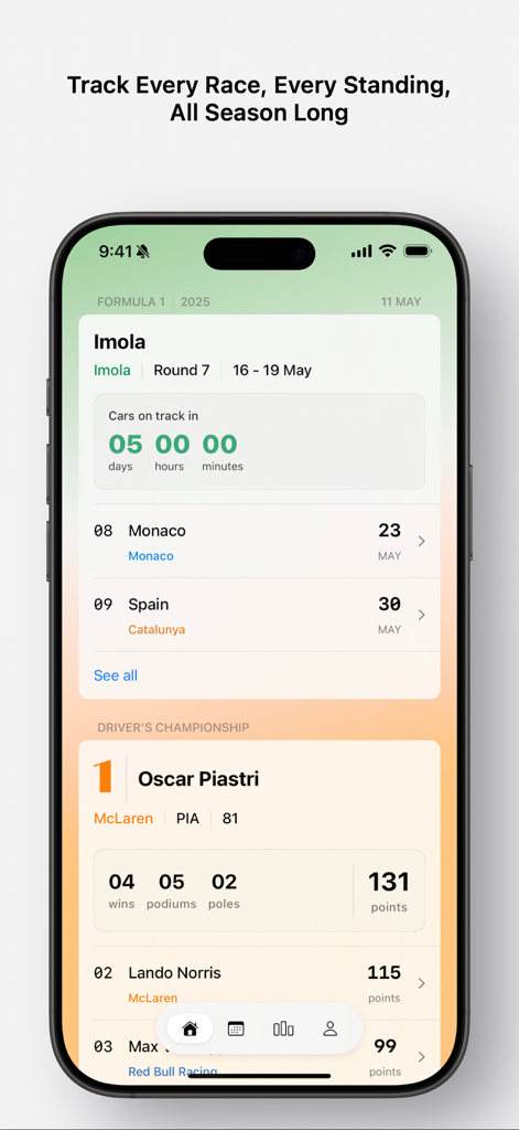 Formula Apex 앱의 스크린샷으로, 예정된 이몰라 그랑프리 카운트다운과 iPhone의 F1 드라이버 챔피언십 순위를 보여줍니다.