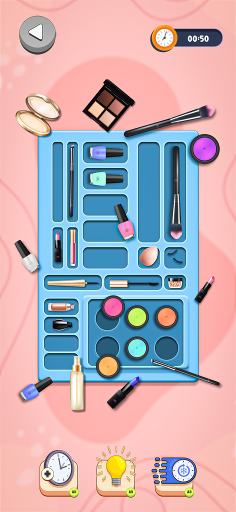 Perfect Organizing: Tidy Games - Un puzzle satisfactorio que muestra artículos de maquillaje como lápices labiales y esmaltes de uñas siendo organizados en una bandeja azul