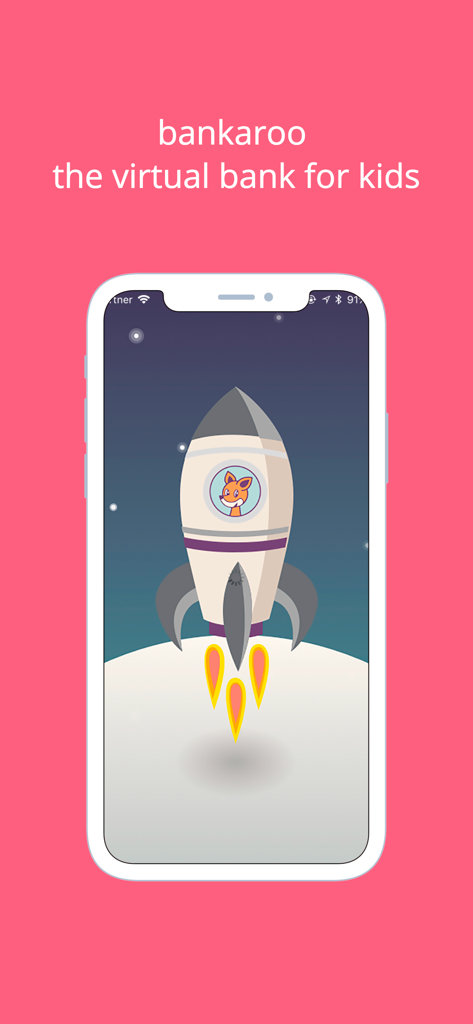 bankaroo virtual bank for kids - Bankaroo virtual bank for kids splash screen featuring a rocket ship with a fox character.