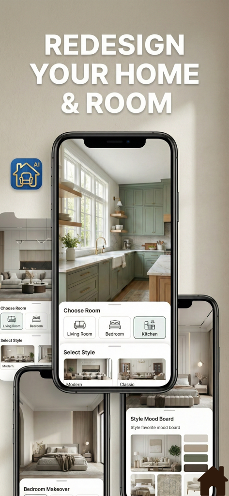 Room Planner AI Home Design - Mobile app screens showing Room Planner AI redesigning a kitchen and bedroom with different design styles and mood boards.