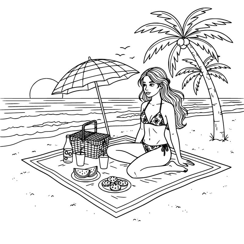 picnic on the beach with a girl in bikini