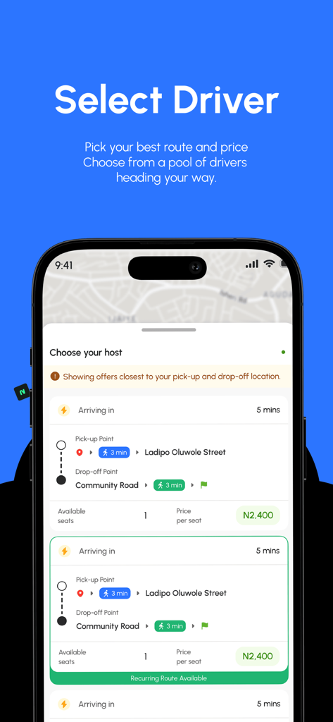Linc Ride - Interface de l'application mobile Linc Ride pour sélectionner un chauffeur avec les détails de l'itinéraire et les informations de prix.