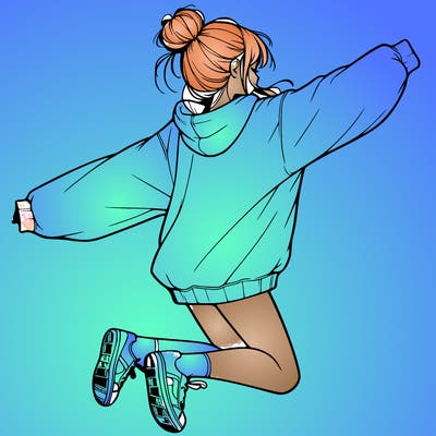 realistic girl jumping with a bun and oversized sweatshirt