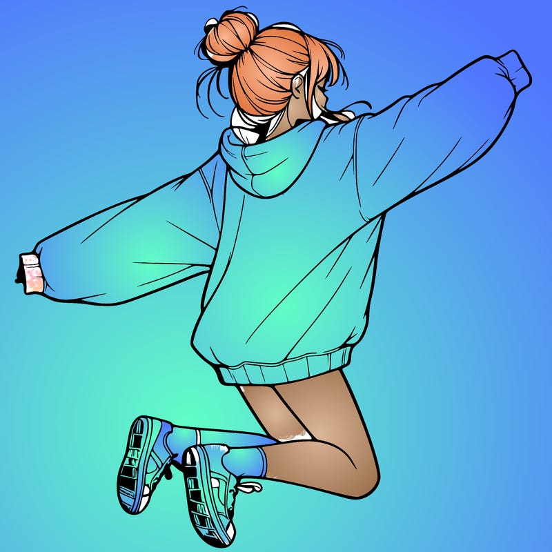 realistic girl jumping with a bun and oversized sweatshirt