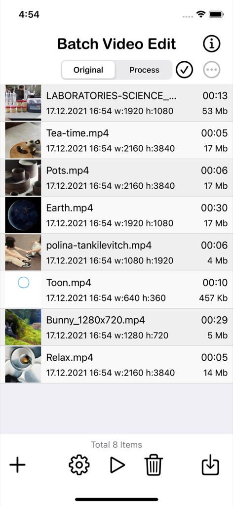 Interface of the Batch Video Edit app showing a list of imported videos with metadata like resolution duration and file size