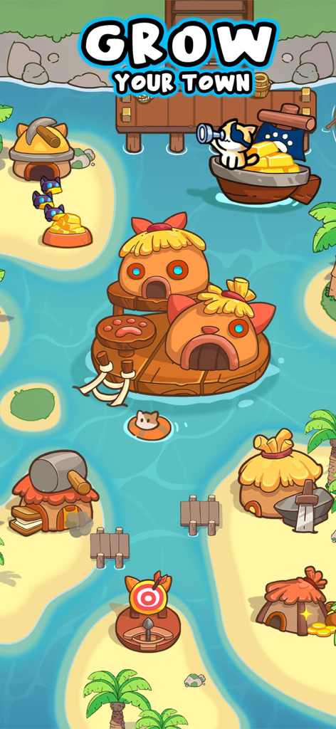 Kitty Keep™ - A colorful tropical beach scene from Kitty Keep showing cat themed buildings and a kitten on a boat full of gold coins