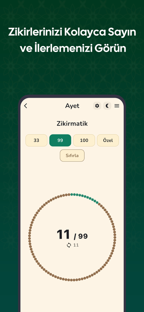 Ayet Online – Kur’an-ı Kerim - Pantalla del contador de dhikr Zikirmatik digital en la aplicación Ayet Online