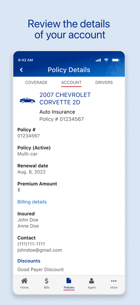 Farmers Insurance Mobile - Farmers Insurance mobile app interface showing detailed auto insurance policy information for a Chevrolet Corvette.