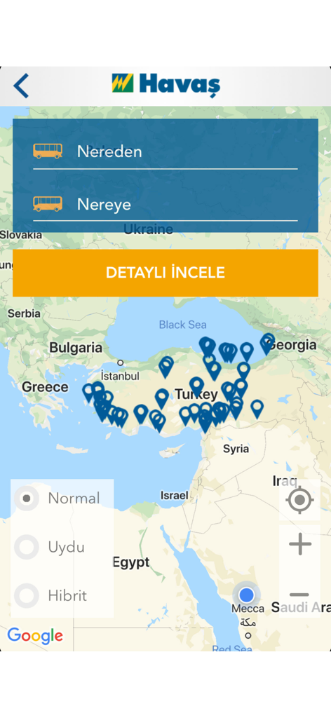 Map of Turkey in the Havaş Mobile app showing airport shuttle locations and route search fields