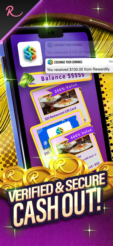 Match To Win: Real Money Games - Uno smartphone che mostra una notifica di incasso di 100 dollari e opzioni di premi in carte regalo nell'app di gioco Match To Win.